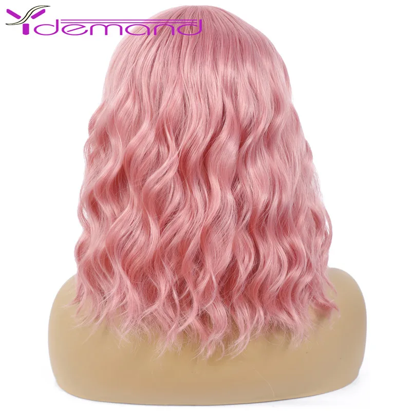 Y Demand Short Natural Wave Hair Synthetic Wigs With Neat Bangs for Women Black Red Pink Blue Green High Quality