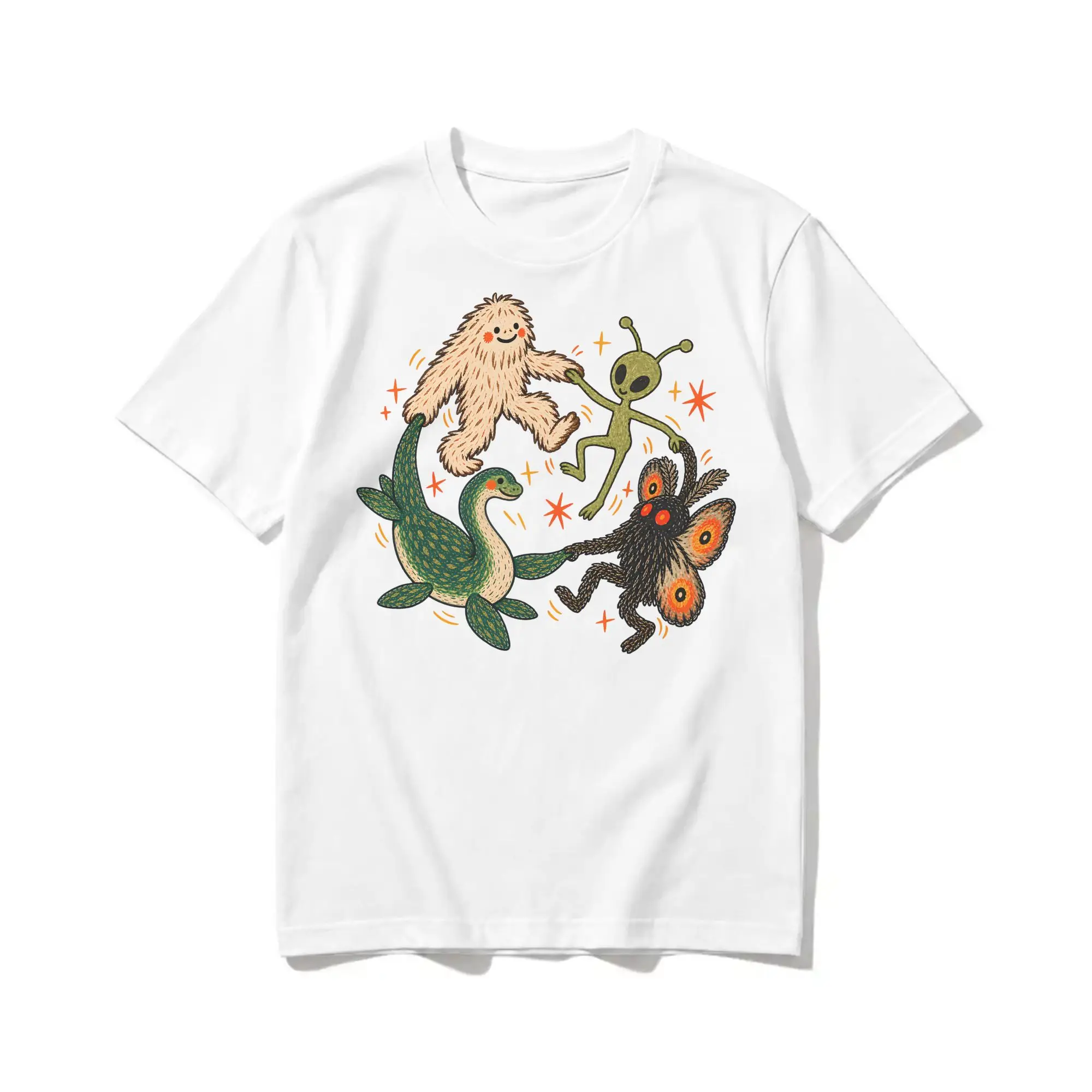 Men Women's Dancing Cryptids T Shirt Bigfoot Alien Mothman Loch Ness Pure Cotton Tops Humor Short Sleeve Tees 6XL T-Shirt