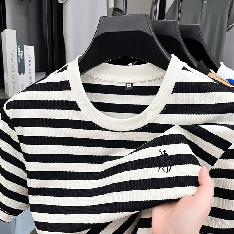 الراقية الرجال تي شيرتات قصيرة الاكمام أزياء العلامة التجارية بول المهر المطرزة الصيف مريحة عارضة الكلاسيكية مخطط جولة الرقبة أعلى #2