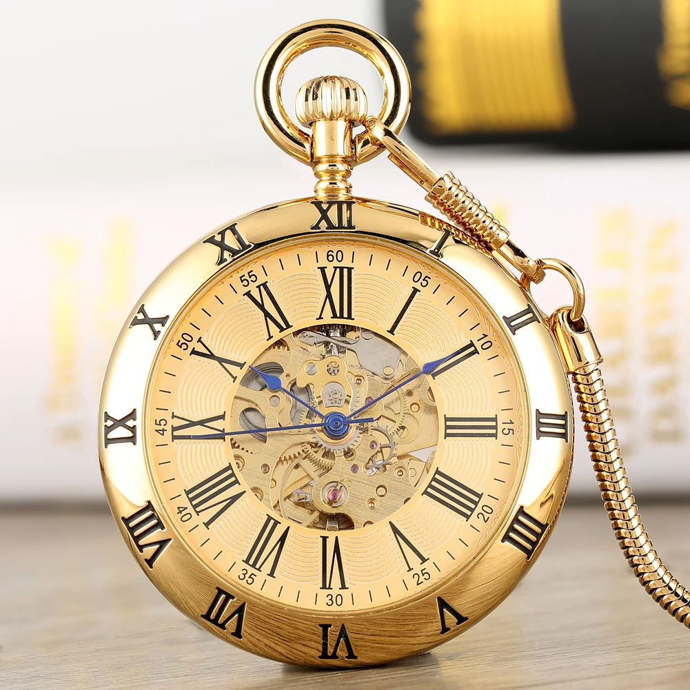 Luxury Vintage Automatic Mechanical Men's Pocket Watch Stylish Blue Pointers Roman Numerals Pendant Self Winding Timepiece Gift