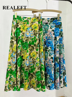 REALEFT High Waist Floral Printed Tulle Mi-long Women A-Line Skirts New 2024 Loose Female Umbrella Skirts Female Spring Summer