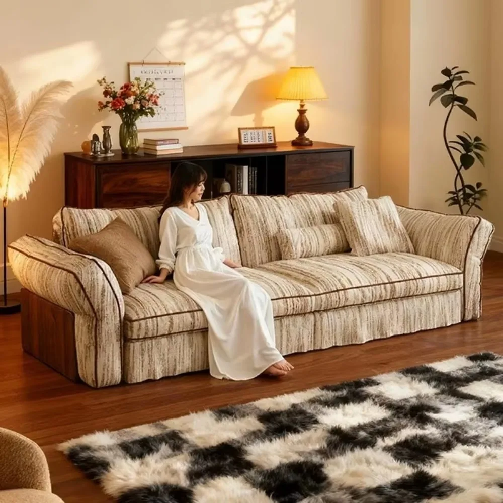 Souffle Straight Linen Fabric Sofa, Removable Washable Cover Couch, Retro Wabi Sabi Cream Mid Century Sofa For Living Room