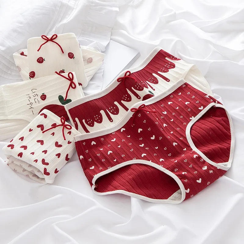 Women Cotton Panties Red Strawberry Hearted Printed Underwear Low Waist Briefs Female Stretch Lingerie Cute Design Pantys