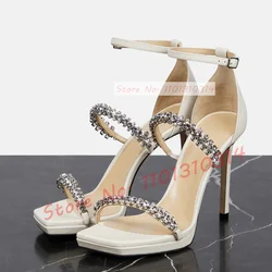 Crystal-chain Square Toe Sandals High Heels Women Bling Silver Low Platform Thin Heel Shoes Lady Casual Luxury Strap Sandals