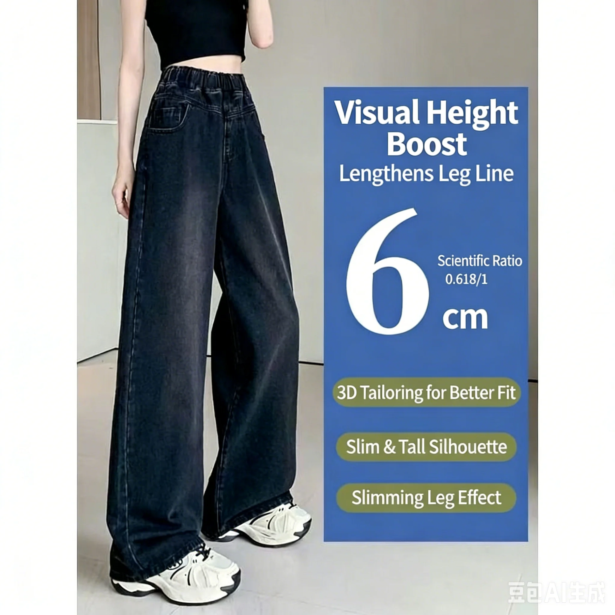 Black Elastic Waist Straight Leg Fleece Lined Denim Jeans Women's New Style Autumn Winter Student Slimming Versatile Wide Leg