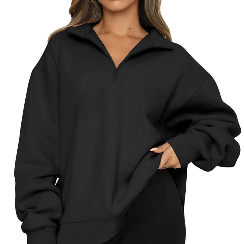 Women's Sweatshirts Neutral Wind Long Sleeve Loose Turn Down Zipper Collar Outwear Casual Streetwear for Autumn and Winter