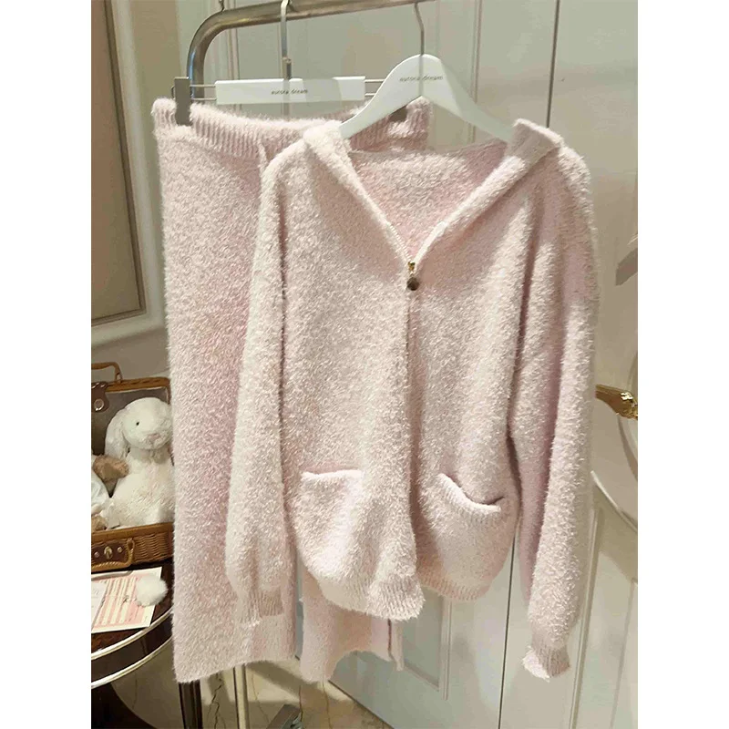 2026 جديد الحلو الأرنب الأذن مقنعين نصف الصوف السراويل الطويلة 2 قطعة مجموعة النساء الشتاء الصوف مبطن محبوك ملابس المنزل الوردي بيجامة مجموعة #2