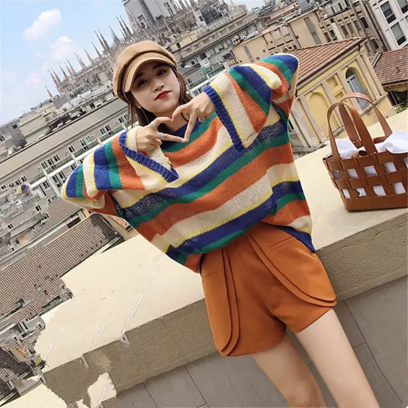 Lady Korean Fashion Rainbow Stripe Pullover Sweaters Women Sexy Tops Female Girls Casual Knitted Oversized Sweater Dropshipping