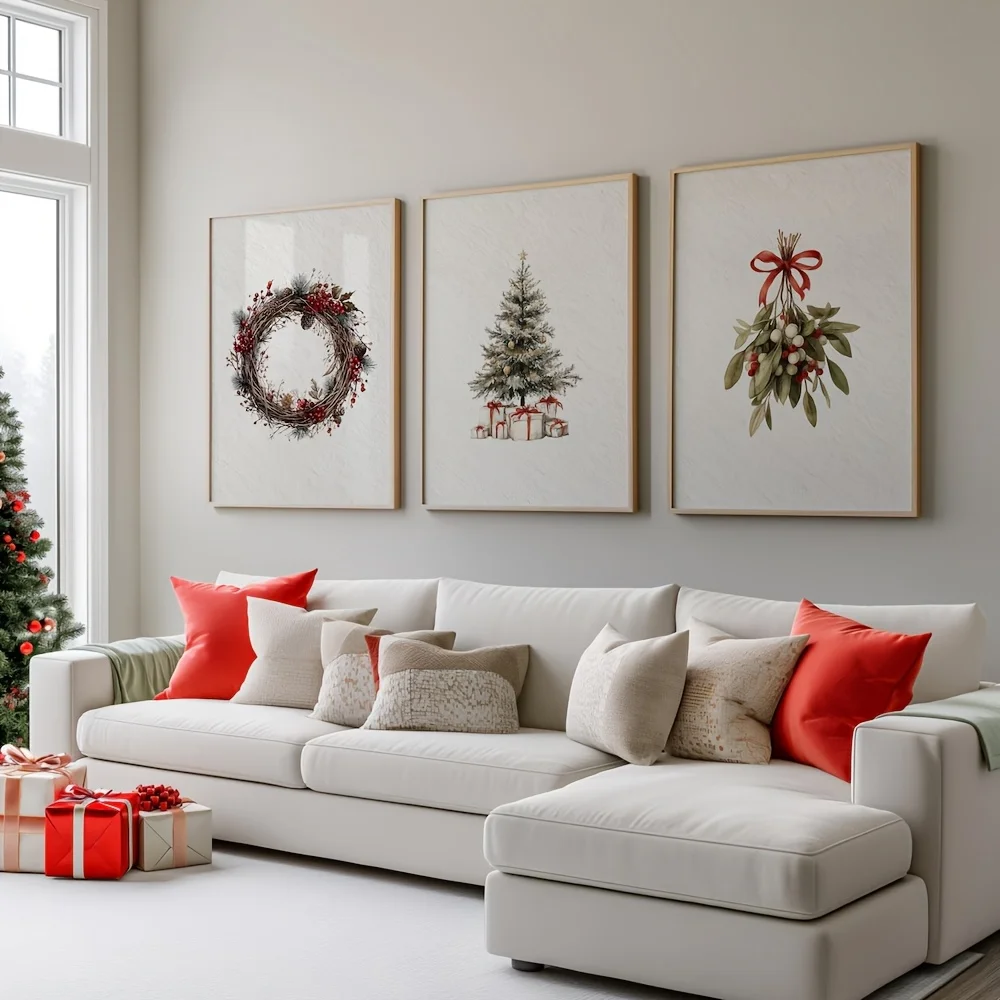 （3PCS NOFrame）-2D Flat, 2D Flat, 2D FLAT 3pcs Set Unframed Vintage Wreath Mistletoe Christmas Tree Rustic Canvas Poster Cozy