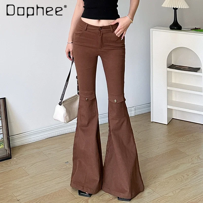 

Winter Retro Brown Bootcut Trousers Streetwear Women 2024 New Casual Women's Low Waist Slim Draping Flare Mop Pants Femininas