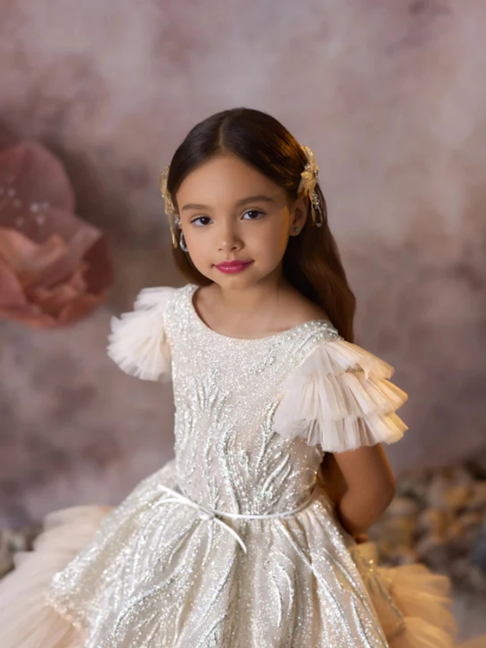 Cute Sweet Girls Beaded Tiered Princess Gown Burthday Party Wear Elegant O neck Short Sleeve Kids Dresses School Performance