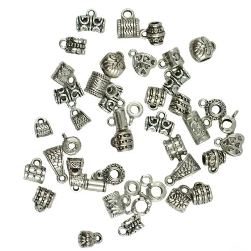 100 pcs Tibetan Silver Assorted Bail Slider Hanger Dangle Spacer Beads with Loop mix Expandable charms bangle DIY