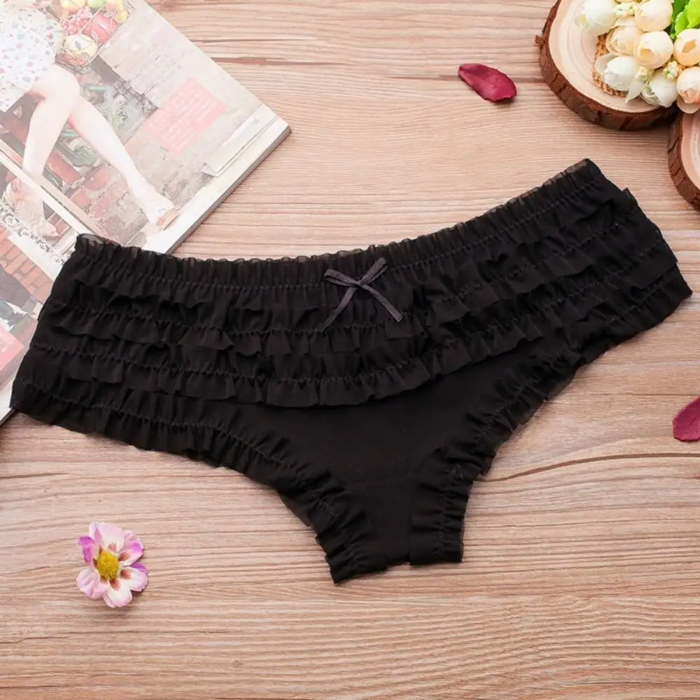Translucent Cute Women Panties Lace Ruffles Bow Mesh Low Waist Briefs Sweet Printed Polka Dot Female Underwear Knickers
