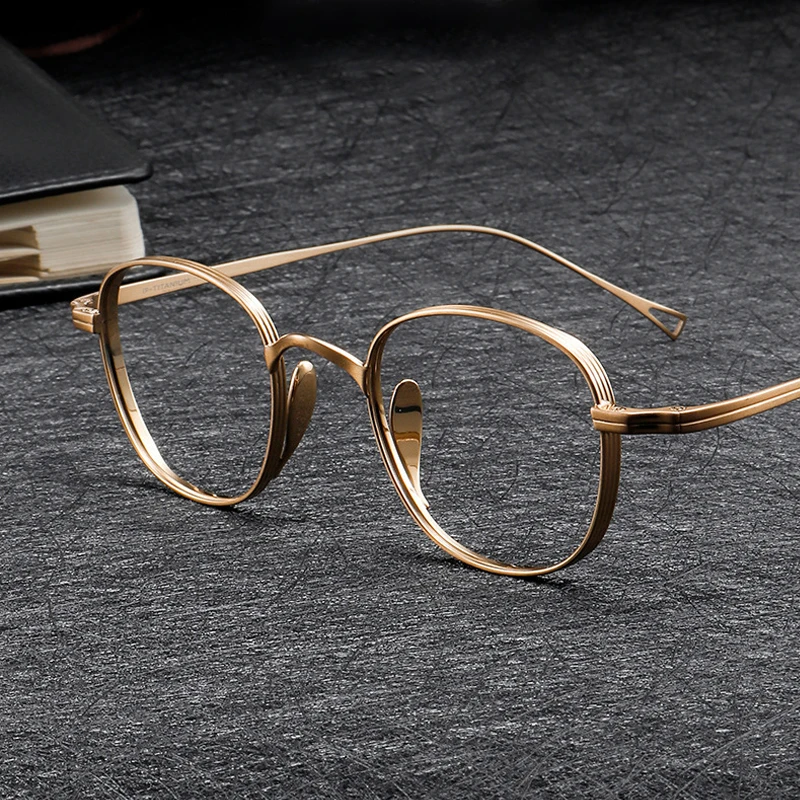 

Japanese Designer Replica Ultra Light Pure Titanium Eyeglasses Wide Edge Horizontal Stripe Frames Luxury Retro Round Glasses