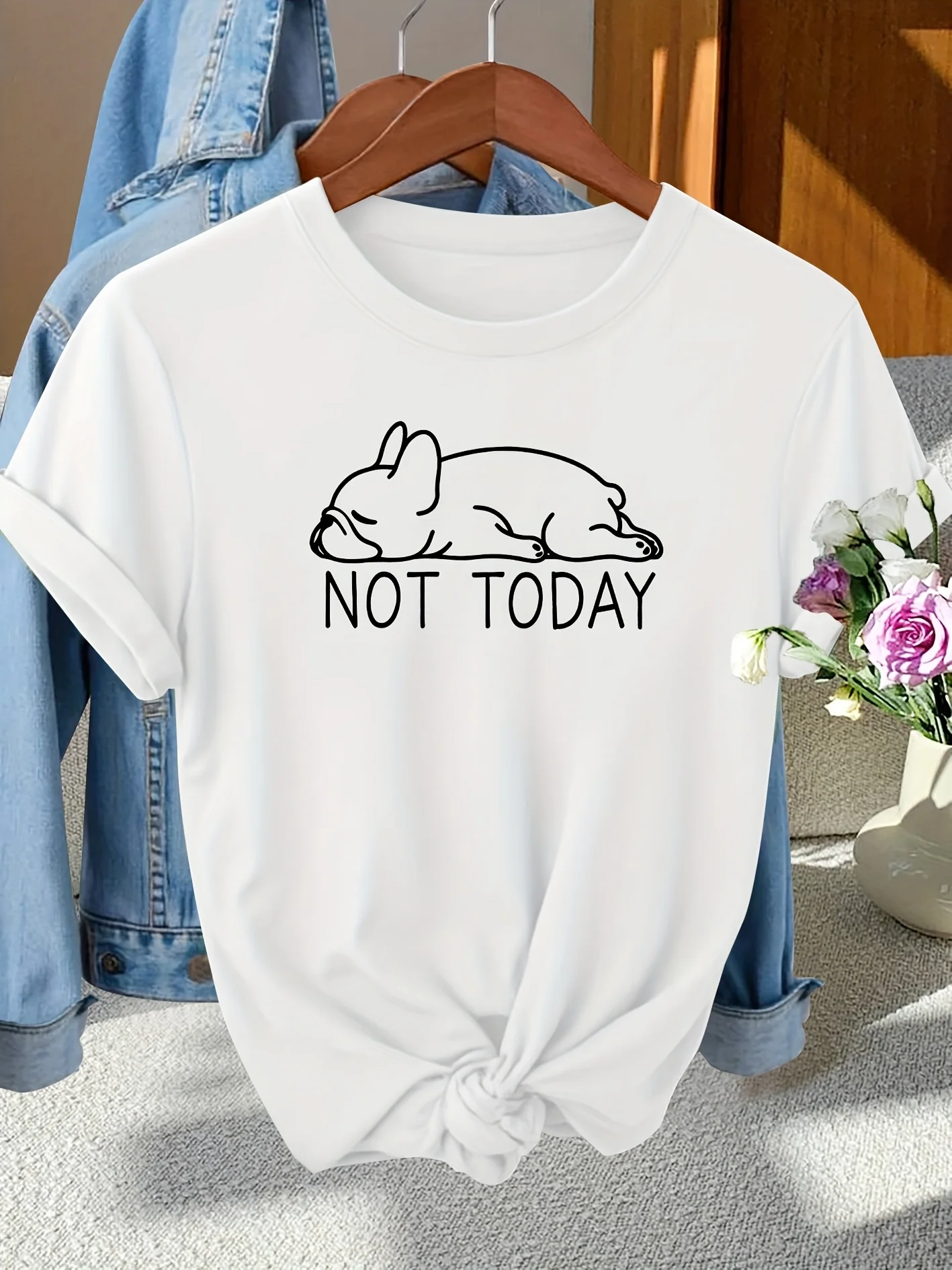 Not Today French Bulldog Women's Tee - Lazy Dog Graphic, Casual Gray Top