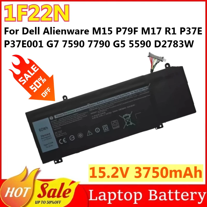 

Аккумулятор для ноутбуков Dell Alienware M15 P79F, M17 R1 P37E, P37E001, G7 7590, 7790, G5 5590, D2783W, D2743B, D2843W, 1F22N, 15.2V, 3750mAh