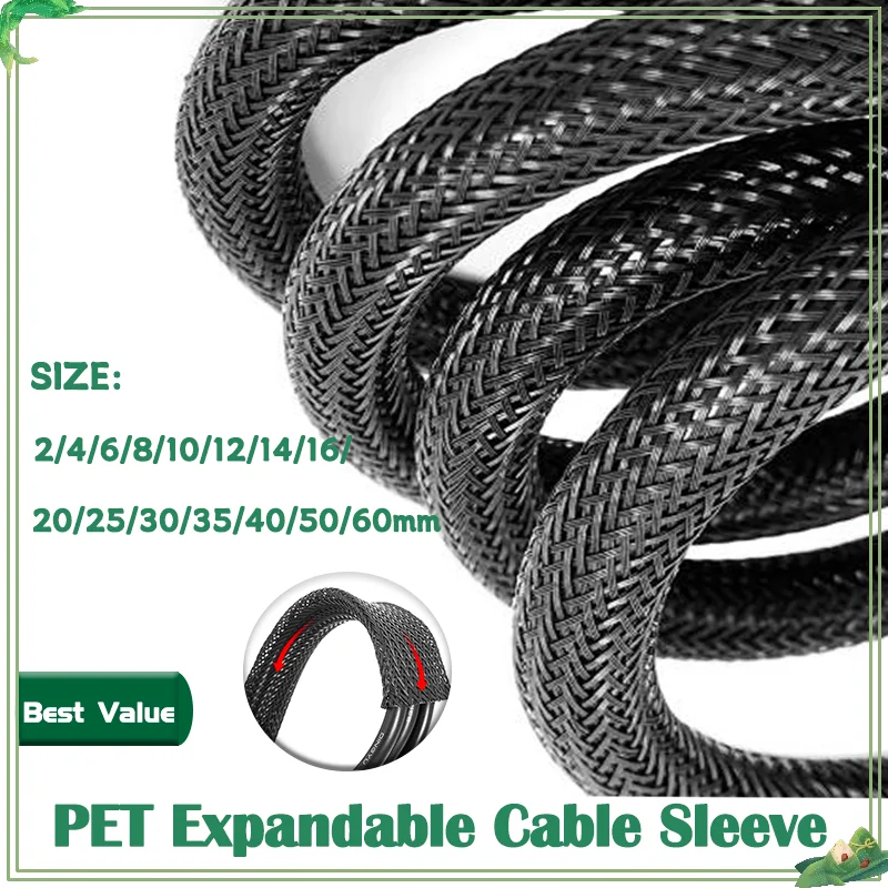 

PET Braid Sleeve High Density Insulated Snake Skin Cable Wrap Sheath 2/4/6/8/10/12/14/16/20/25/30/35/40/50/60mm 1~50m Black