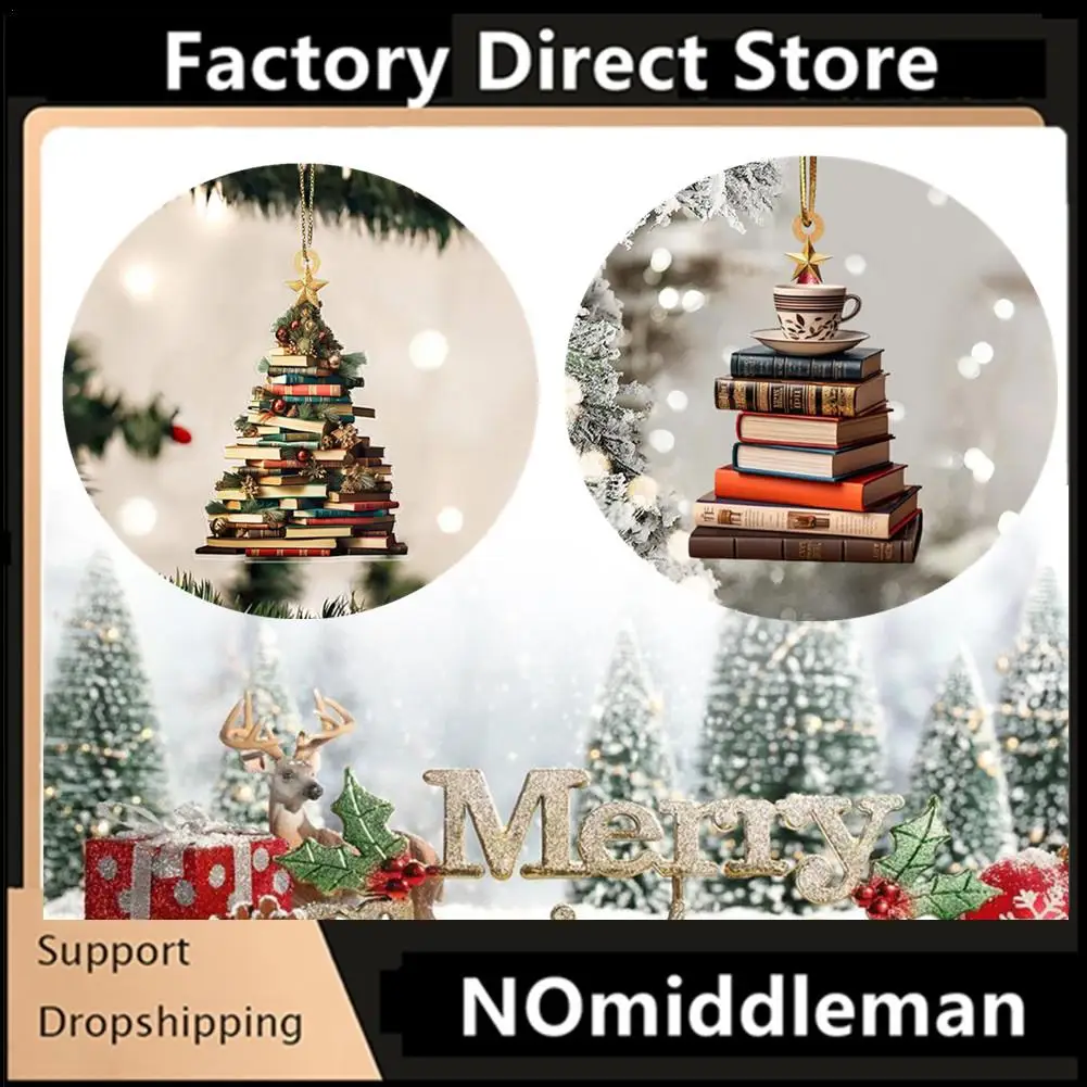 

Christmas Tree Shape Bookshelf Pendant Books Stacked Ornament Hanging Sleigh Pendants Christmas Books Hanging Christmas