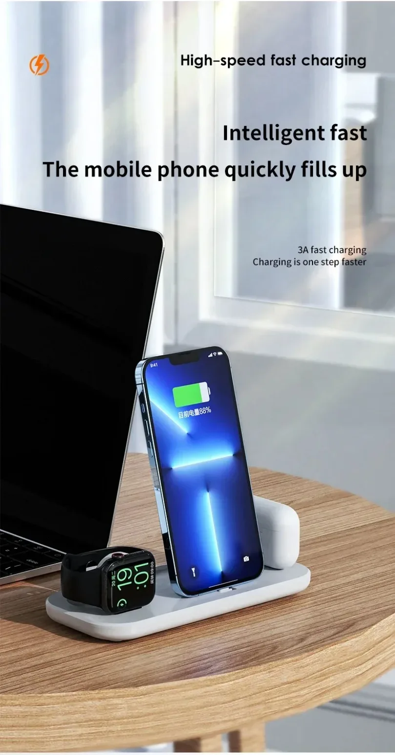3-in-1 Schnell-Ladestation Faltbares Kabelloses Ladegerät Ständer Dock Handyhalter für iPhone 17-12 Apple Watch AirPods – Detail 5