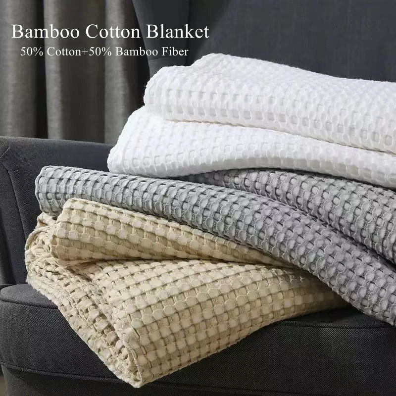 230x240cm Bamboo Cotton Blanket Waffle Jacquard Towel Quilt Cooling Antibacterial Summer Solid Color Sofa Throw Double Bed Sheet