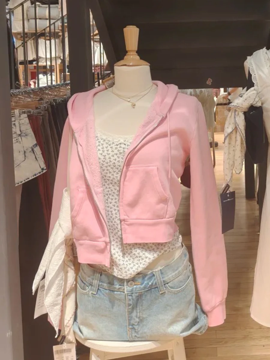 Hoodie Pink Baru Wanita Musim Gugur Slim Zipper Tali Serut Hoodie Lengan Panjang Katun Sweatshirt Gaya Prppy Manis Crop Top Lucu