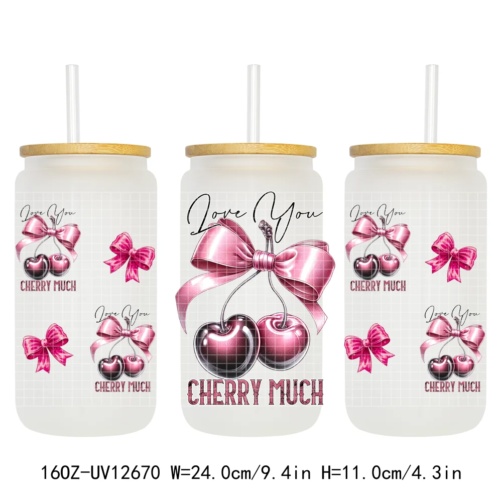 Iced Coffee Girly Pink Cherry Coquette Bow UV DTF Sticker For 16OZ Libbey Glass Cup Can Wrap Transfer Stickers Custom Labels