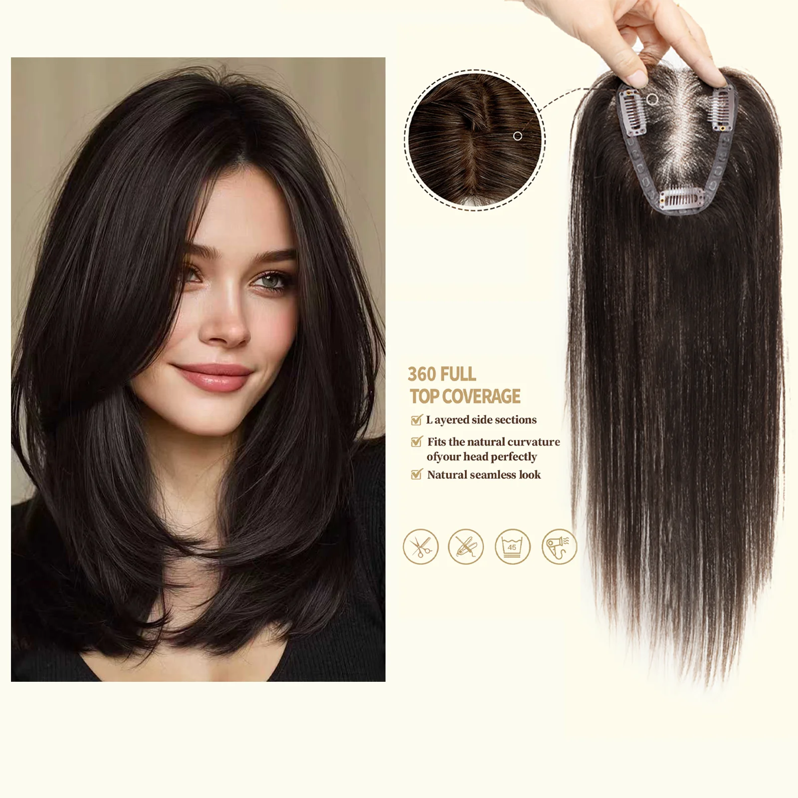 ブラウンブロンドハイライトレミー人毛ヘアピース-クリップ式-14インチ-ストレートヘアピース-女性用-シルクベースヘアピース-エクステ