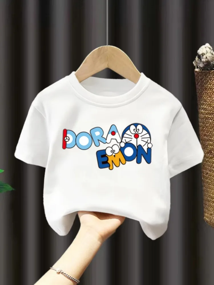 

Детская футболка с мультяшным принтом Doraemon, летняя повседневная модная детская одежда из чистого хлопка с короткими рукавами
