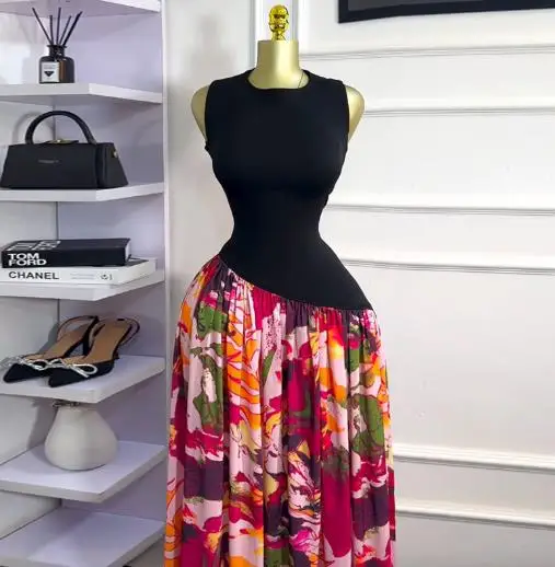 Summer Sweet and Fresh Printed Round Neck Sleeveless High Waist A-Line Skirt Fashionable Design Splicing Sleeveless Dress