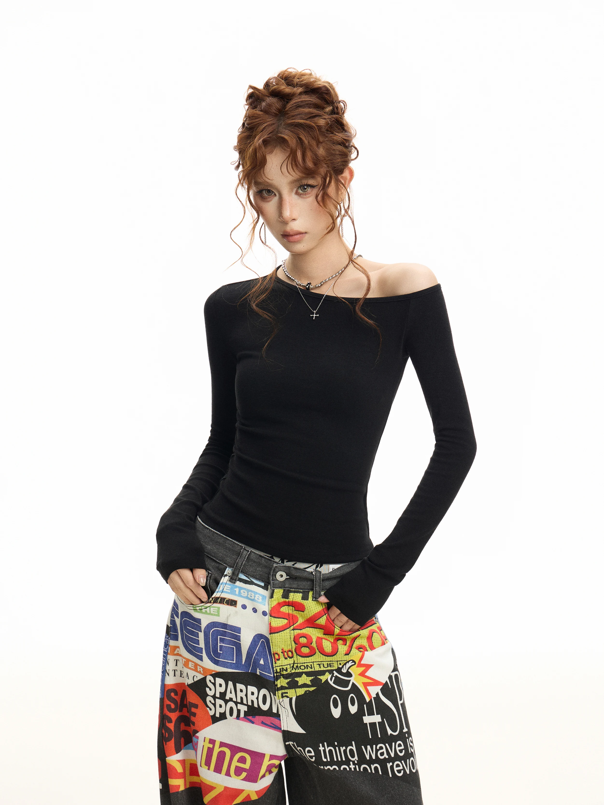 Slim Fit Short Sleeve Black Shoulder Bared Long Sleeve T Shirt Women's Autumn Base Layer Shirt Korean Style Commute Wind