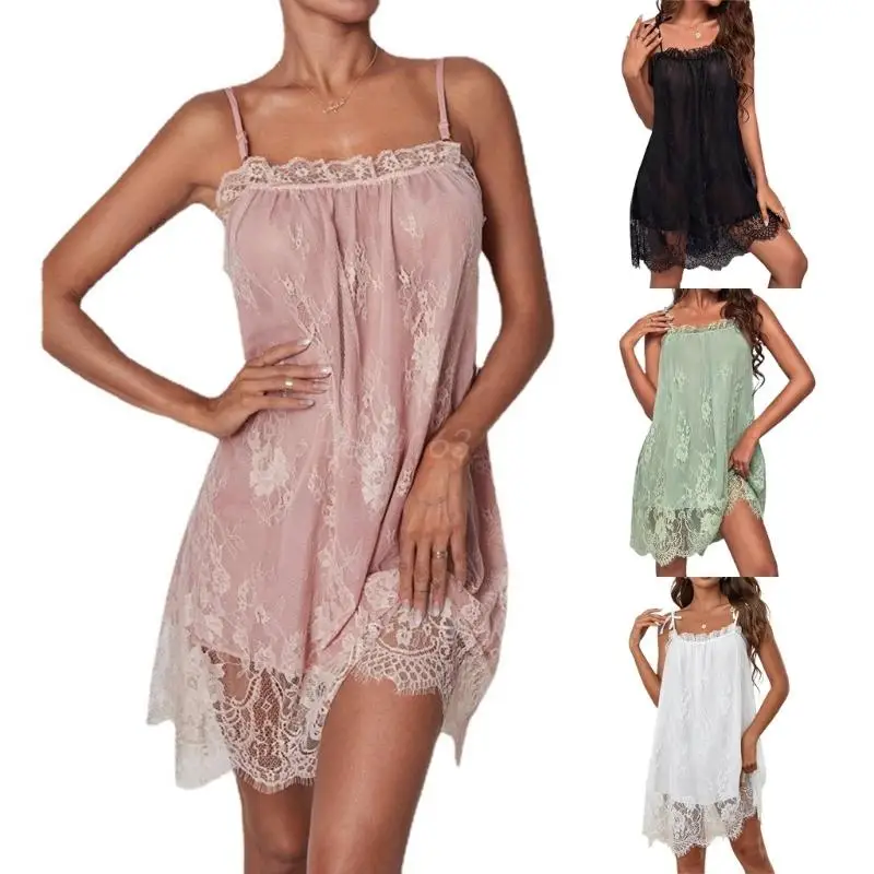 

Women Sleepwear Solid Color Nightgown Ruffle Collar Chemise Nightwear Sexy Girls Nightie with Lace Trim Double Layer