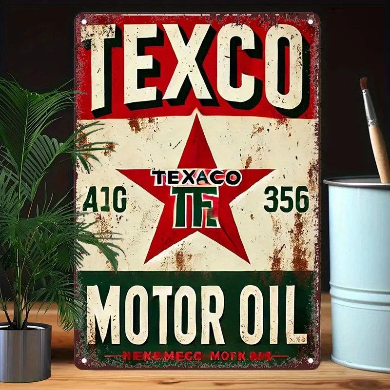 A Vintage Metal Sign Featuring a Texas Oil Company Logo with a Red Star, Perfect for Bars, Cafes, And Seaside Villas.