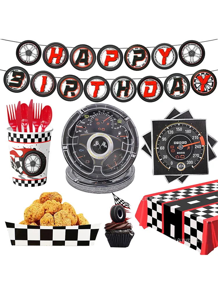 Vaisselle jetable thème course, assiettes en papier, gobelets, serviettes, nappe, bannière, décoration de gâteau, fournitures de décoration pour fête d'anniversaire pour enfants