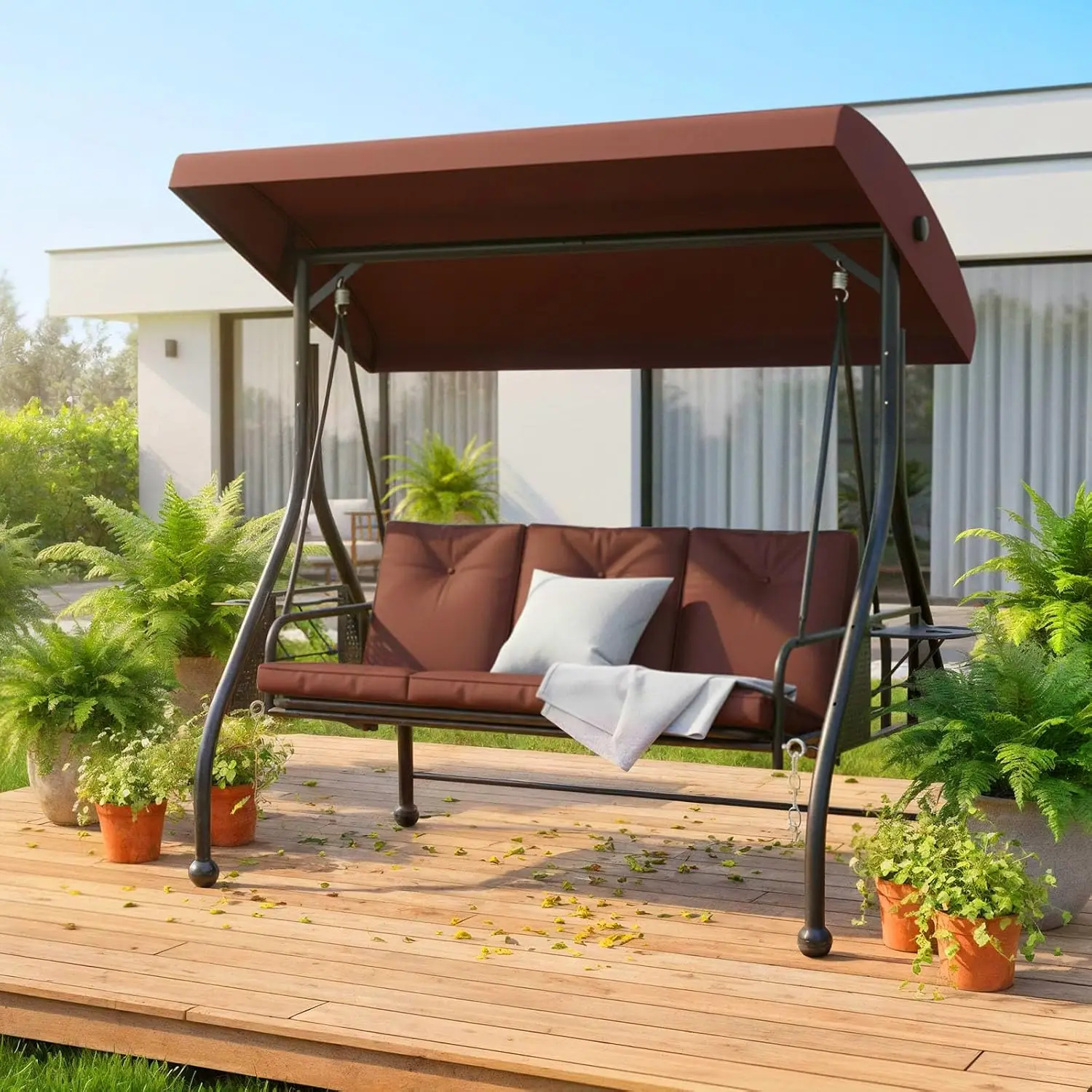 3-Seat Porch Swing Glider Adjustable Canopy Convertible Bed Cup Holders Thick Cushion Backyard Garden, Customized