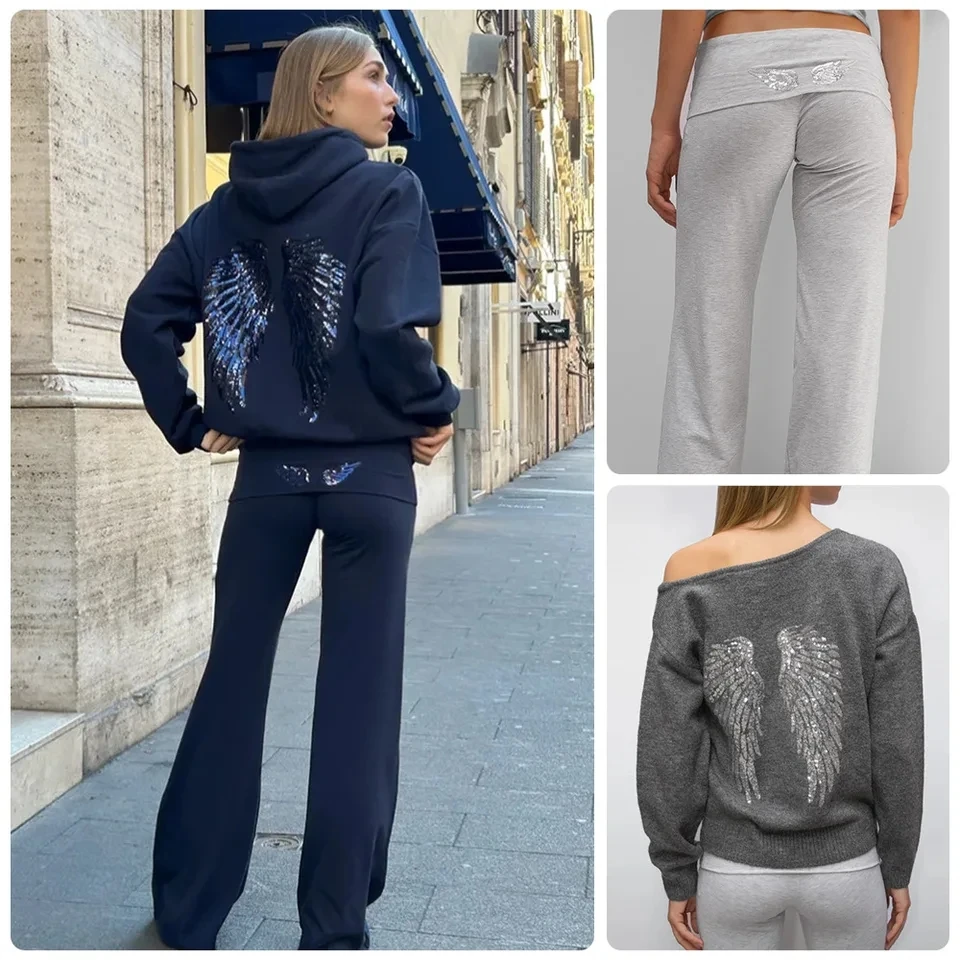 

2026 Spring New Women Hoodie Set Sequin Shining Wing Print Fashion Elegant Casual Sports Pants Two Piece