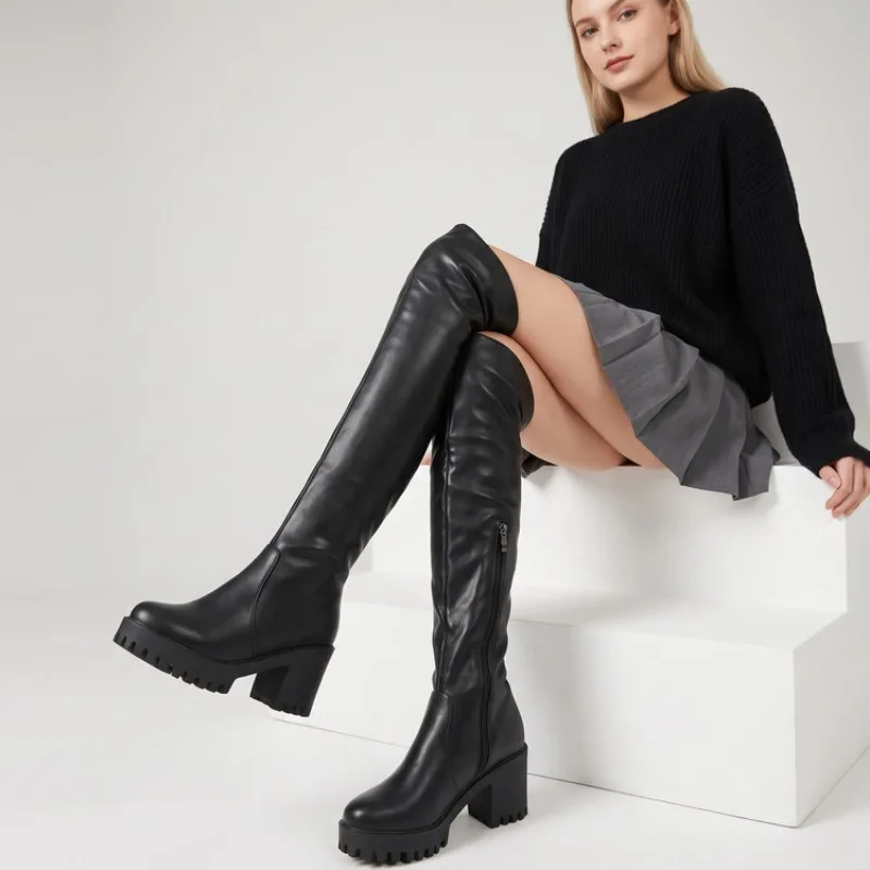 Platform Women's Pumps Stretch Over-The-knee Boots Designer Long Women Trend Thigh High Black Gothic Shoes Invierno Para Mujer