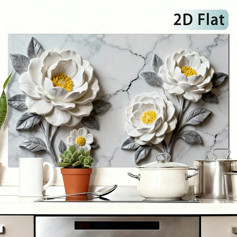 1pc white flower self-adhesive PVC for kitchen dining room and living room - modern and elegant home decoration 2D planar design