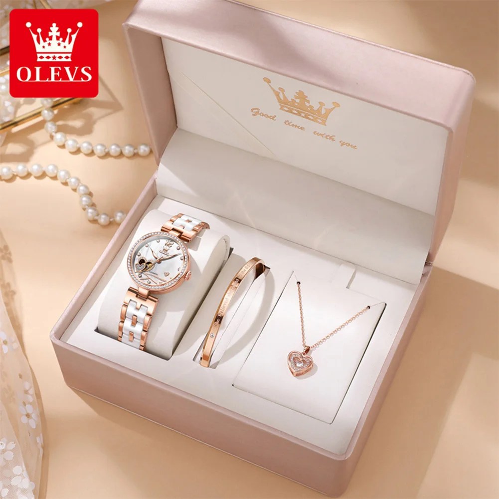 OLEVS 7086 Women Watch Luxury Elegant Original Mechanical Watch Love Dial Ladies Watch Ceramics Strap Set Gifts Box High Quality