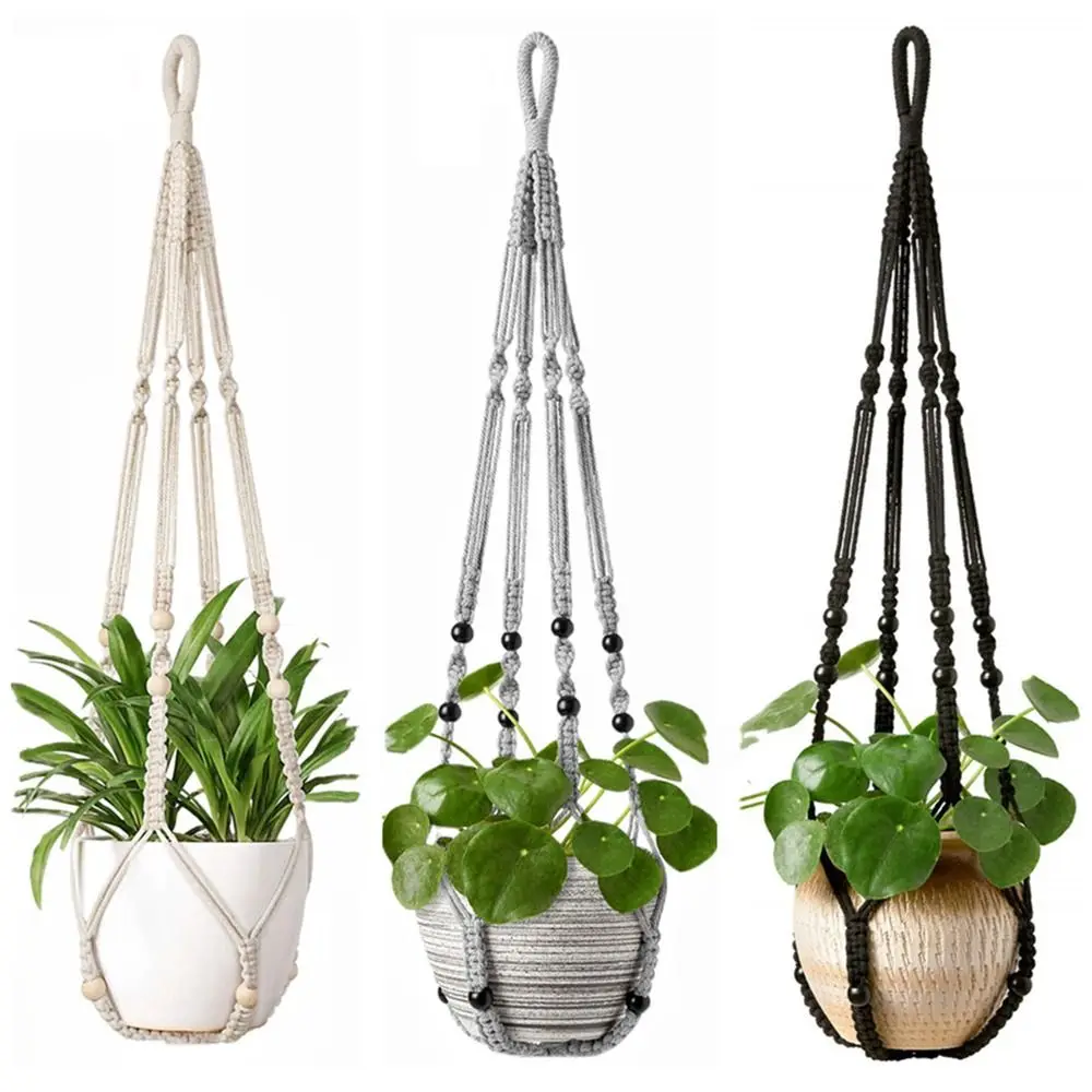 Boho Cotton Rope Hanger Flower Pot Handmade 4 Legs Plant Hanger Creativity Hollowed-out Design Tassel Hanging Basket Home