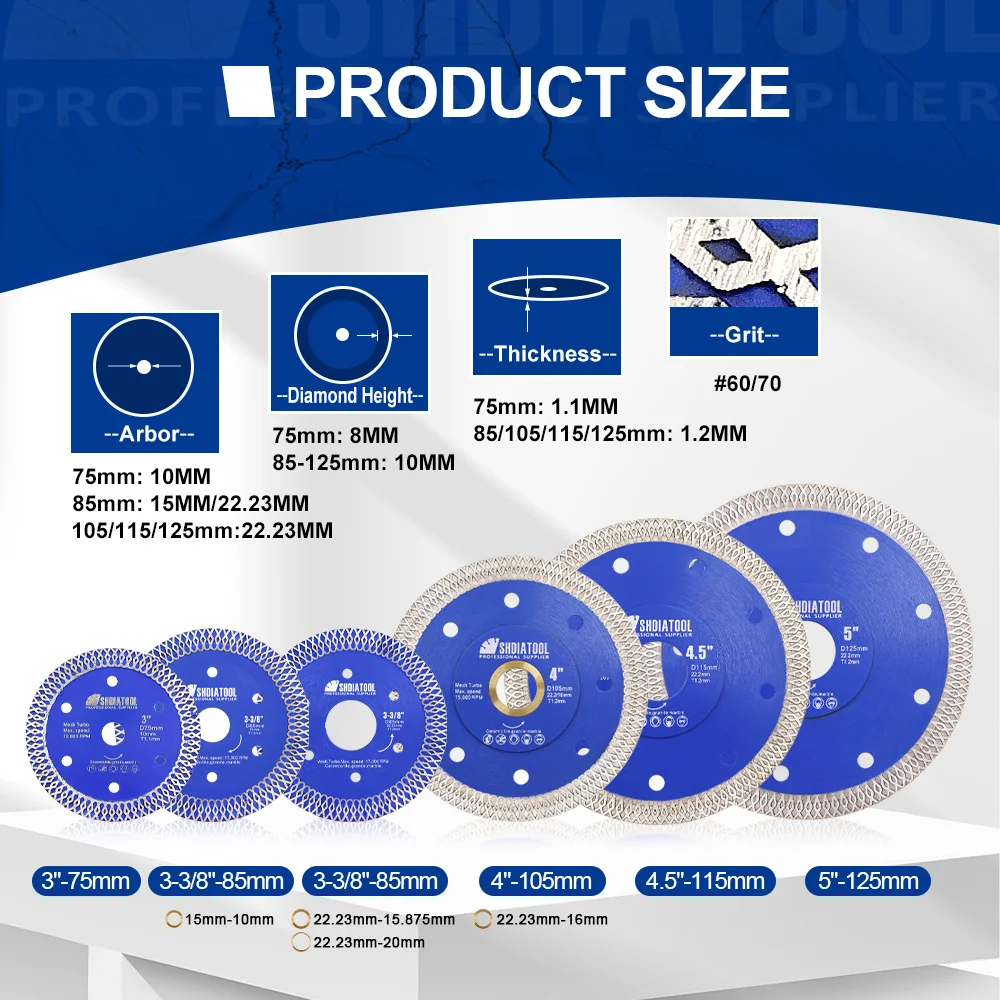 SHDIATOOL 1/2/5pcs Diameter 75-350mm Diamond Cutting Disc X Mesh Turbo Saw Blade Cut Ceramic Tile Porcelain Marble Granite Stone