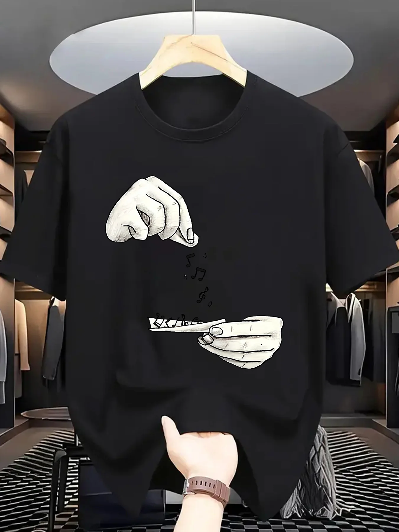 Sketch Hands Scattering Music Notes Print Cotton T-Shirt Minimalist Music Lover Casual Oversized Black Tee