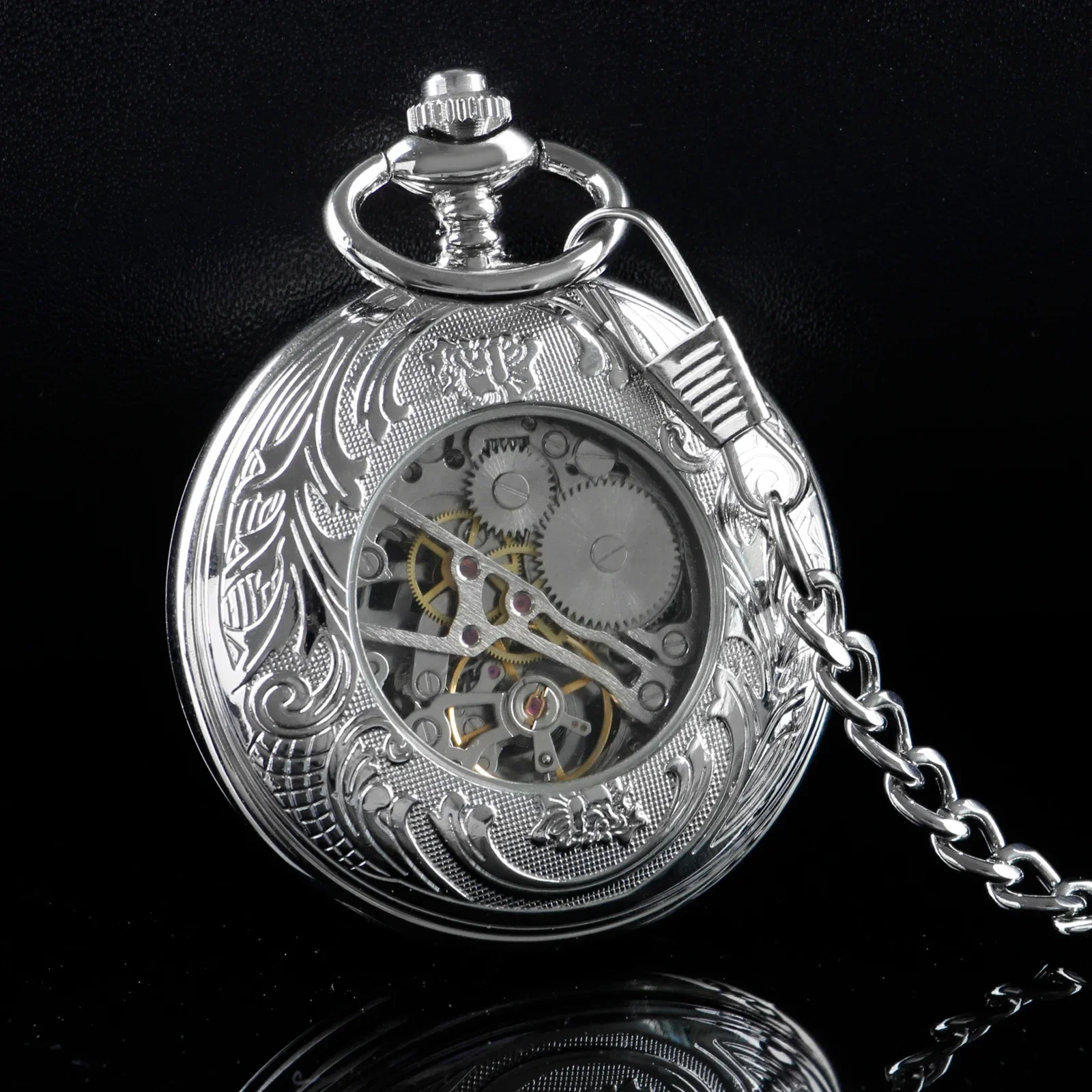 Luxury Silver Mechanical นาฬิกาพ็อกเก็ตสร้อยคอบุรุษสตรีโบราณ Vintage Steampunk Charm Hand Wind Fob Chain นาฬิกาของขวัญ