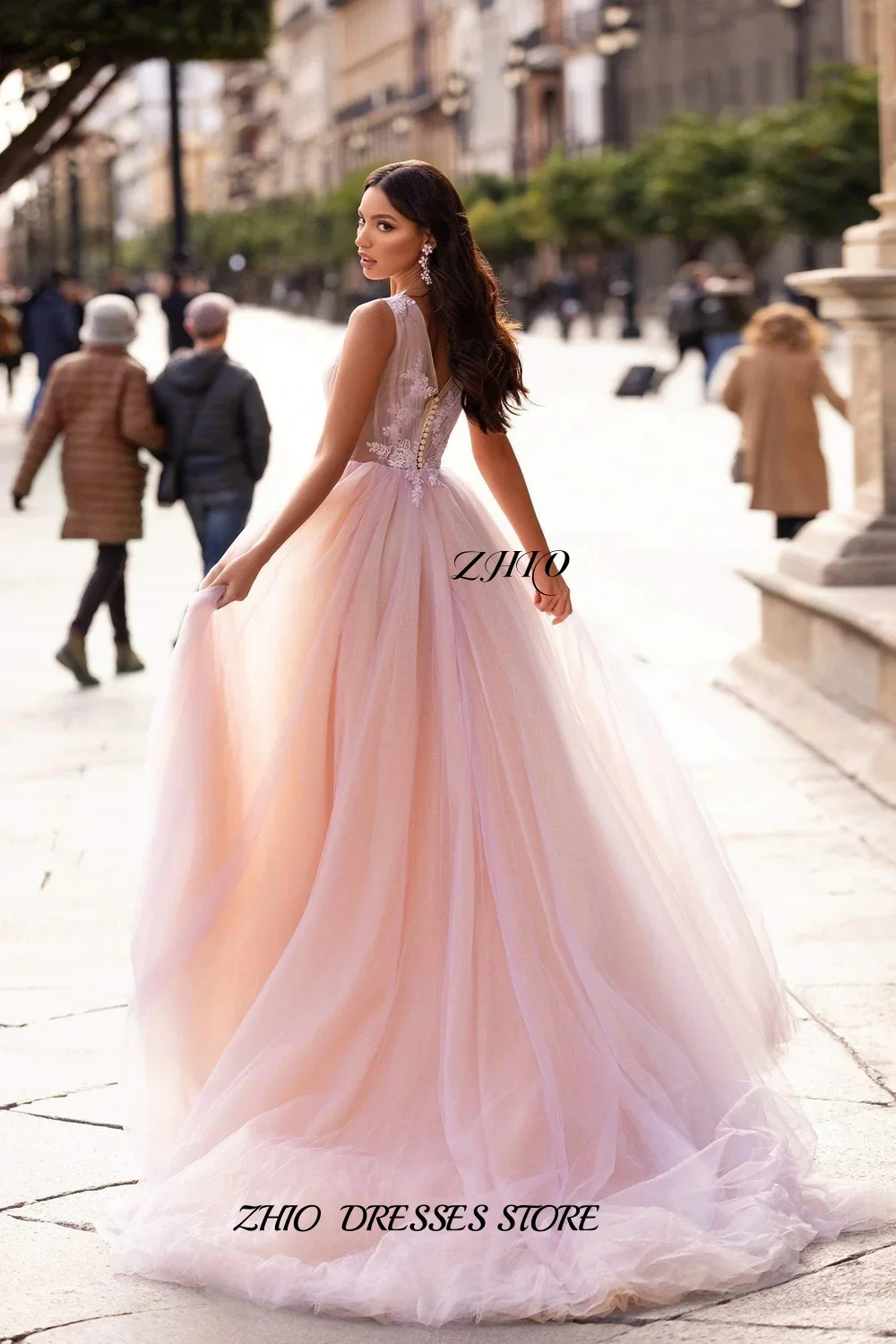 ZHIO Blush Pink Tulle Ball Gown Prom Dress Sheer Neckline Floral Lace Embellished Sleeveless Formal Evening Gown Customized