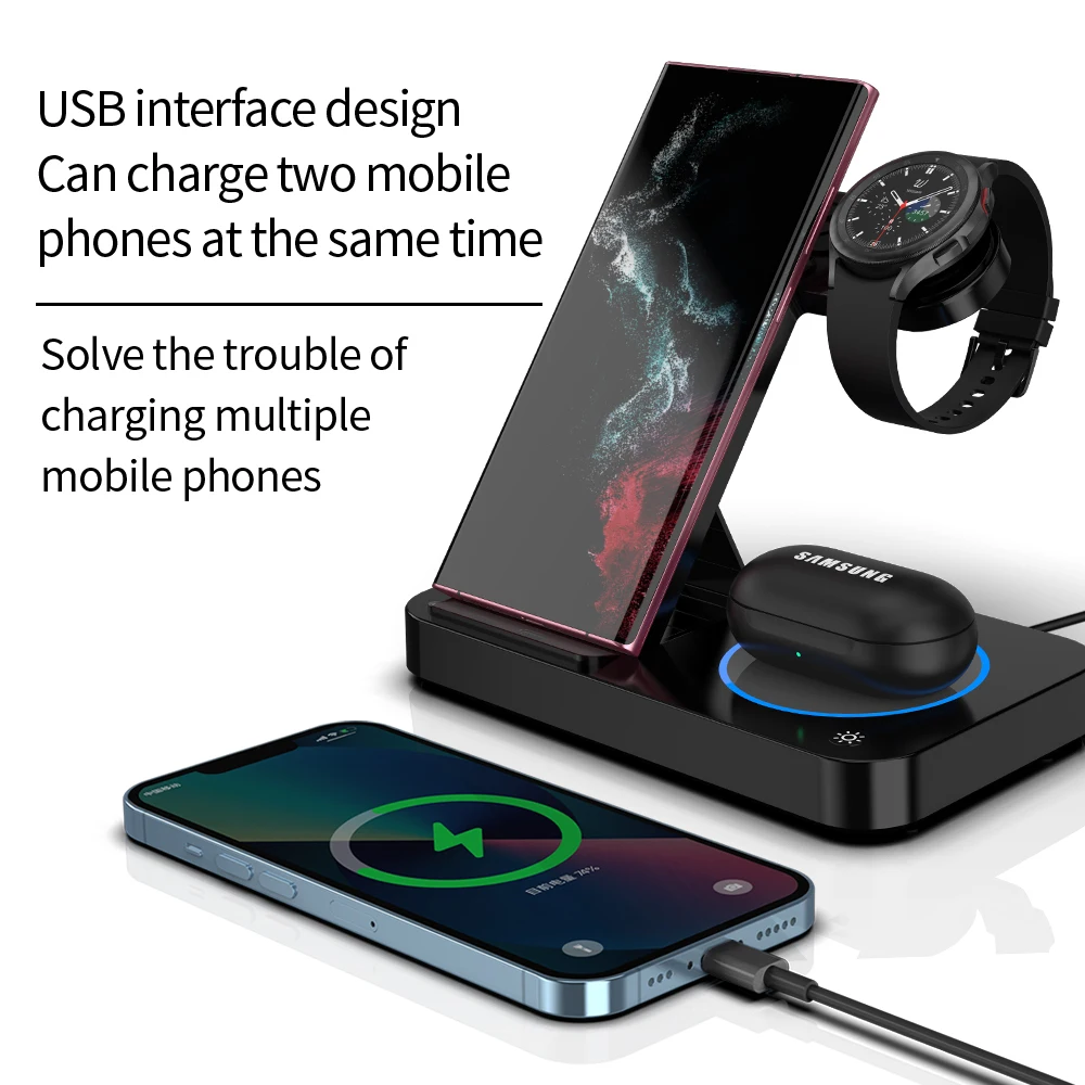 Беспроводное зарядное устройство 30 Вт Складная док-станция для iPhone 14 13 Apple Watch 7/6 для Samsung Galaxy Watch 5/4/3 Pro S22 S21 быстрая зарядная станция