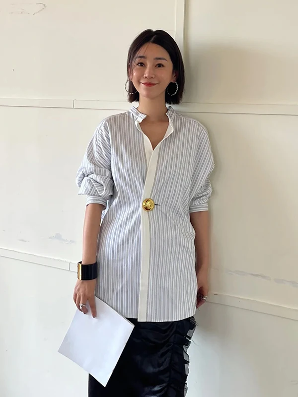 

Женская повседневная рубашка Ele Lady с длинным рукавом, в полоску, с цветными вставками, на пуговицах, свободного кроя, универсальная, осенняя, из полиэстера, с эффектом стройности