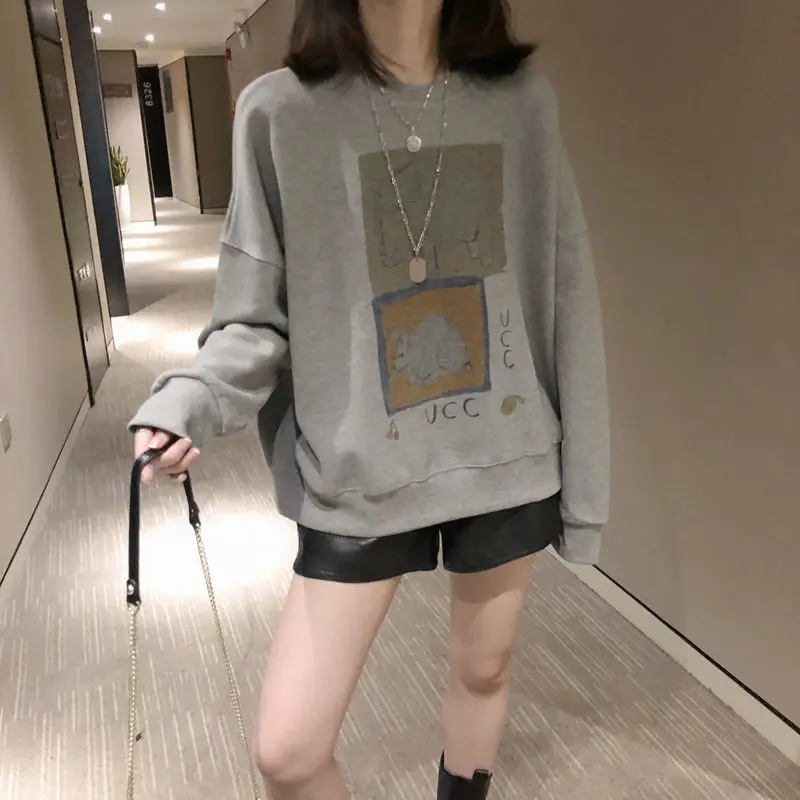 

2023 Spring and Autumn New Thin Grey Round Neck Hoodies Women's Korean Loose All-match O-collar Long Sleeve Casual Top Trend