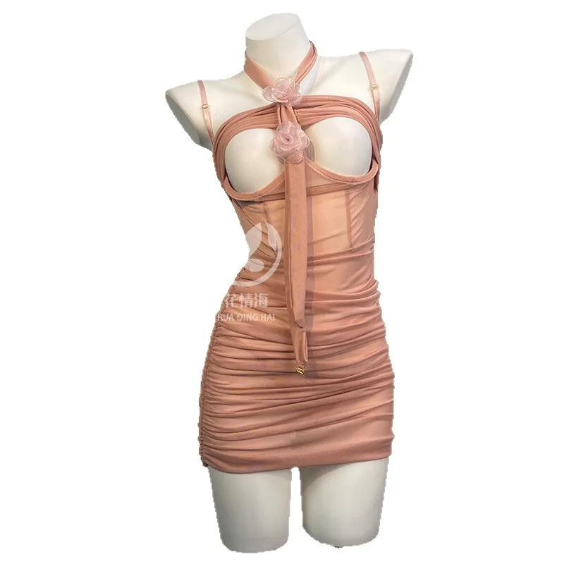 Sexy Pure Desire Style Mesh Bodycon-Kleid Elegante Uniform Hauskleidung Transparentes Mesh-Kleid mit Neckholder Ärmellos Charmantes PYEV
