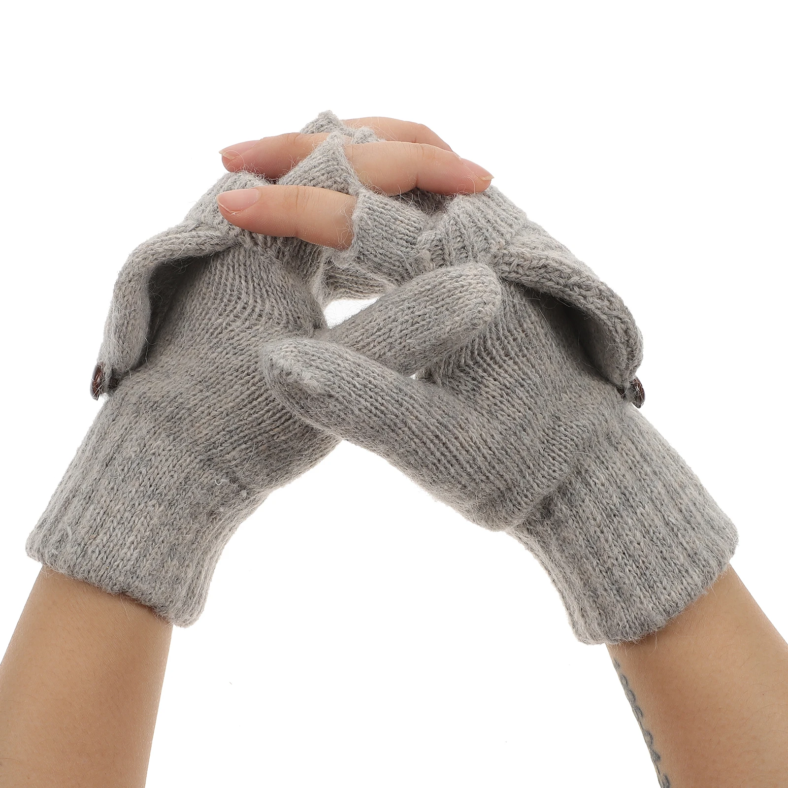 SOLUSTRE Women's Warm Winter Mittens Half Finger Knitted Gloves Convertible Fingerless Grey White