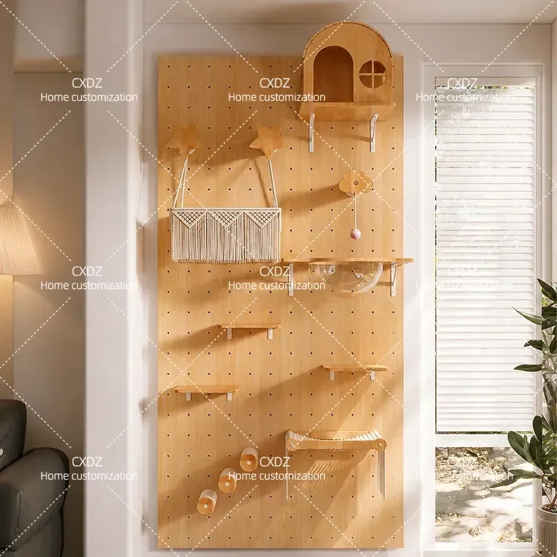 Wall Mounted Solid Wood Cat Climbing Frame with Hole Board Jumping Platform Scratching Post Space Capsule Cat Nest and Ladder