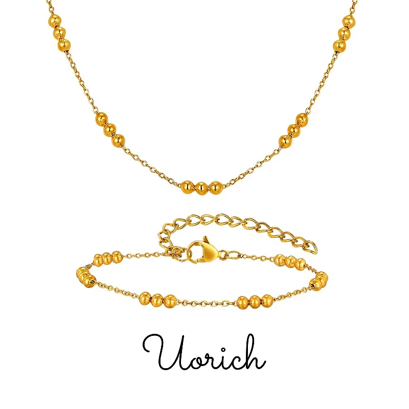 Uorich Simple Classic Pop Beaded Bracelet Necklace for Women  Stainless Steel Gold Plated 18k Non-fading Jewelry Set Daily Wear